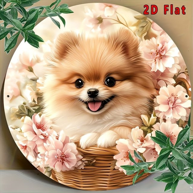 Potdemiel Vintage Aluminiumschild Rund mit Pomeranian im Blumenkorb, Durchmesser: 20 cm, Mehrfarbig - Bild 1