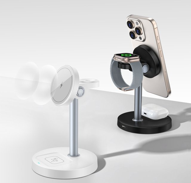 VEERNOO 3-in-1 Magnetisches Kabelloses Ladegerät in Weiß, 15 W Schneller Ladeständer für iPhone 12–16-Serie, iWatch und AirPods mit einstellbarem Winkel - Bild 1