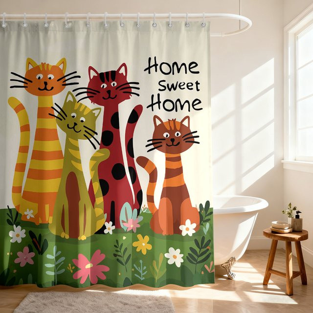 Wasserdichter Duschvorhang mit Cartoon-Katzen-Print in Mehrfarbig, Polyester, B/H: 180 x 180 cm, inklusive 12 Haken - Bild 1