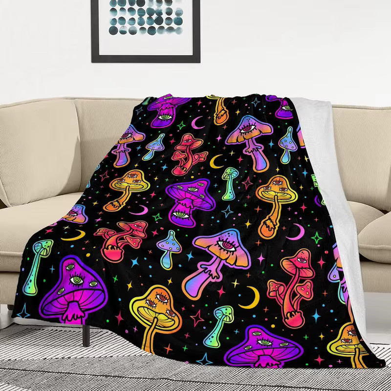 Mystybloom Fluffy Plüsch-Überwurfdecke für Kinder mit Pilz- und Frosch-Motiv, Mehrfarbig - Bild 1