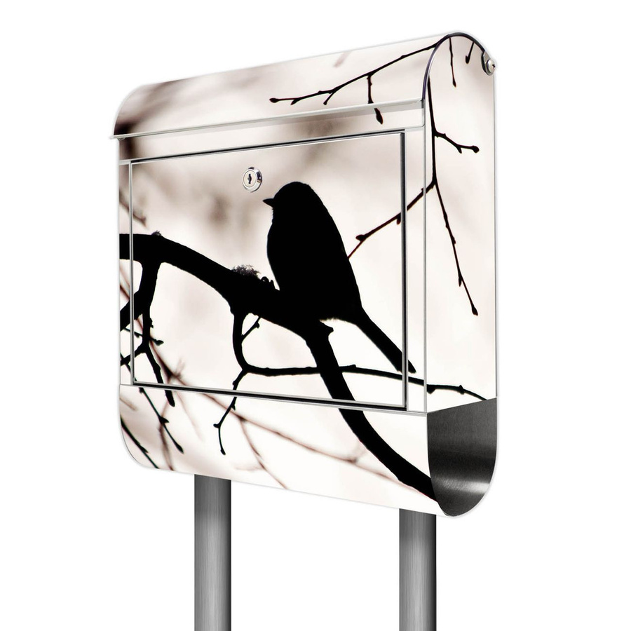 banjado Standbriefkasten Edelstahl mit Zeitungsfach und Motiv Früher Vogel, Farbe Silber/Mehrfarbig, B/T/H: 38 x 14 x 161,5 cm - Bild 1