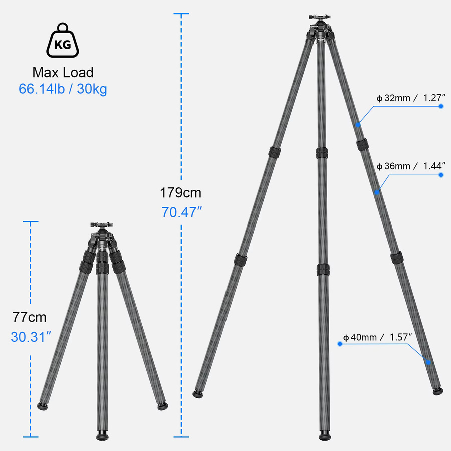 WEYLLAN HN403 Carbonfaser-Stativ mit 52mm Hebelkugelkopf in Schwarz, Traglast 30kg, 70,49 Zoll - Bild 5