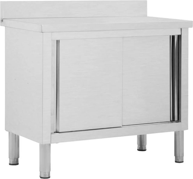 DELUKE Arbeitsschrank SAKO aus Edelstahl mit Aufkantung und Schiebetüren in Silber, B/T/H: 100 x 50 x 95-97 cm - Bild 1