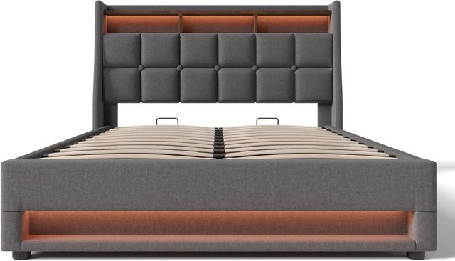 Merax Polsterbett mit LED-Beleuchtung und USB-Anschluss, Beige, B/T/H: 140 x 200 x 145 cm - Bild 1
