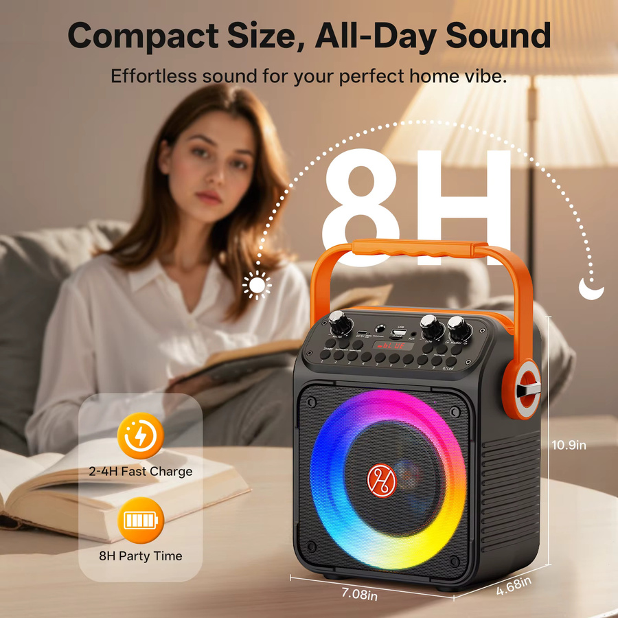 FanFun Tragbare Bluetooth Karaoke-Maschine mit 2 kabellosen Mikrofonen und LED-Lichtern in Schwarz, unterstützt USB, TF, REC, FM und AUX - Bild 4