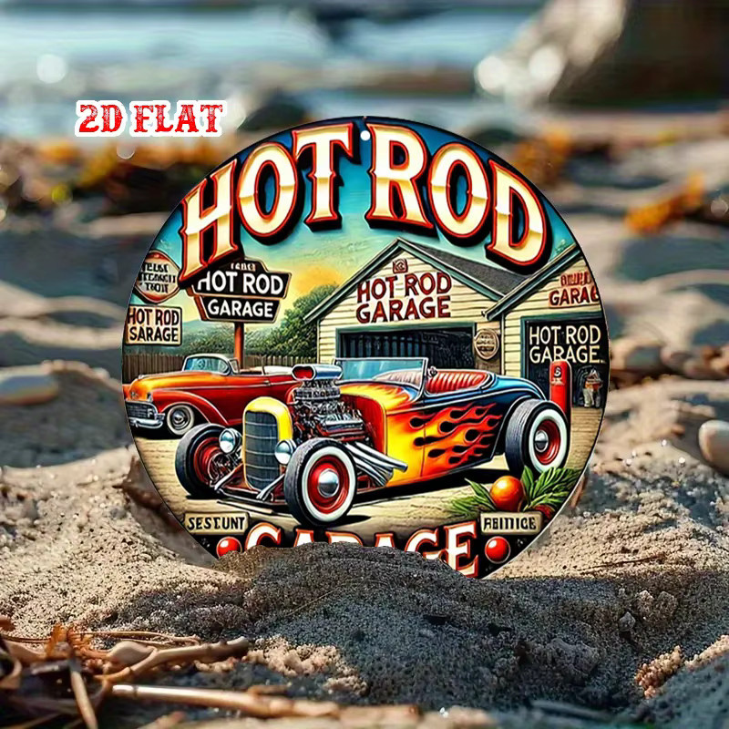 Potdemiel Vintage Hot Rod Garage Rundes Aluminiumschild mit Flaming Flames Retro-Metallwandkunst in Mehrfarbig - Bild 4