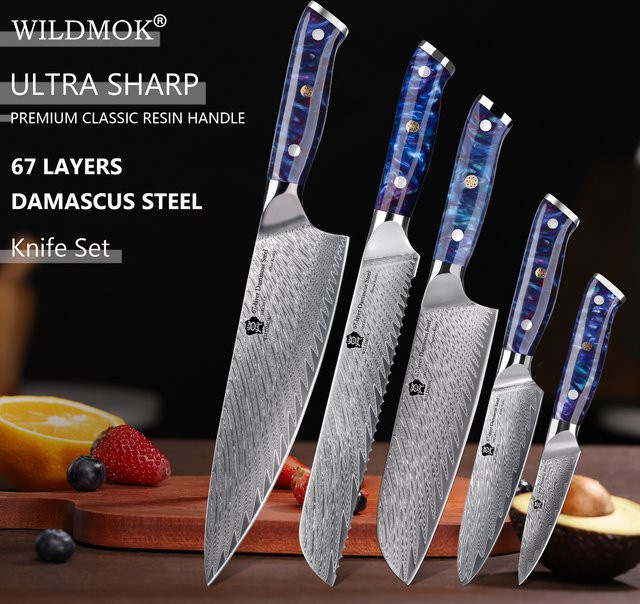 WILDMOK 5-teiliges professionelles Kochmesser-Set aus Damaskus VG10-Stahl in Blau mit ergonomischem Harzgriff und Geschenkbox - Bild 1
