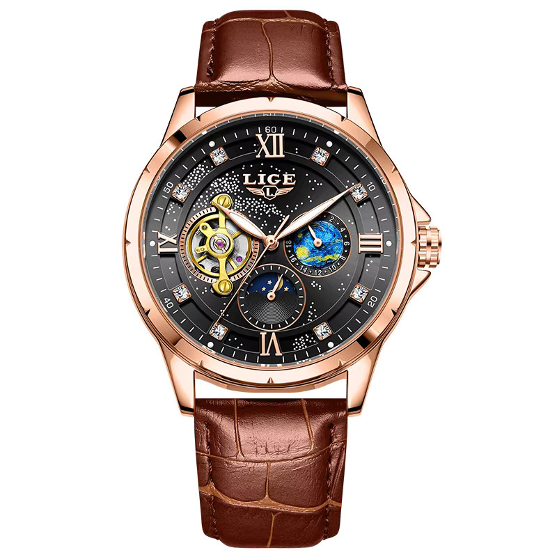 LIGE Armbanduhr Automatik, Diamant, Bicolor, Leder, Herren - Bild 7