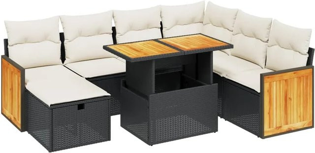 vidaXL 8-teilige Garten-Sofagarnitur in L-Form aus Polyrattan mit Kissen und Tisch in Schwarz und Weiß - Bild 1