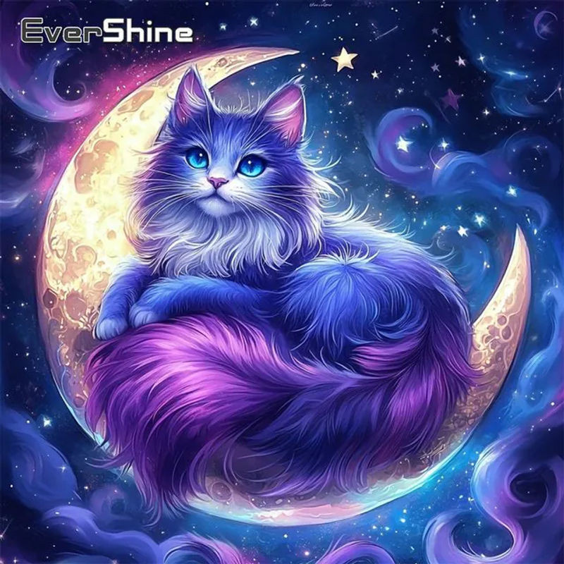 EverShine Diamant-Mosaik Set mit Tiermotiv Katze und Mond, mehrfarbig, quadratisch, Wanddekoration für Anfänger - Bild 1