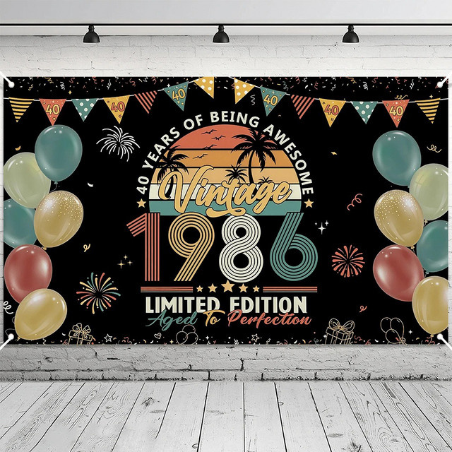 OURFETE Vintage Geburtstagshintergrund 1986 Retro Partydeko mit Palme und Sonnenuntergang, Mehrfarbig, Breite: 75 cm, Höhe: 75 cm - Bild 1