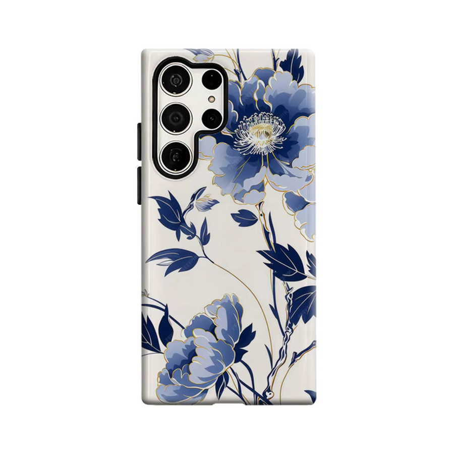 Stoßfeste Doppelschicht Handyhülle mit blau-goldenem Blumenmuster für Samsung Galaxy S25 Ultra, S24 und S23 Ultra Plus - Bild 6