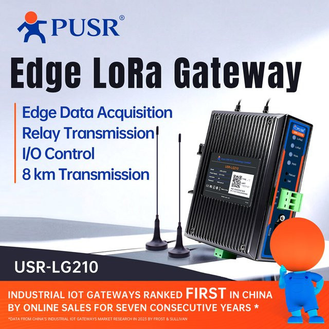 USR-LG210 PUSR LoRa Gateway mit 8km Reichweite, Edge Computing, Modbus TCP/RTU und MQTT, SX1262 Drahtloser Überwachungscontroller, Schwarz - Bild 1