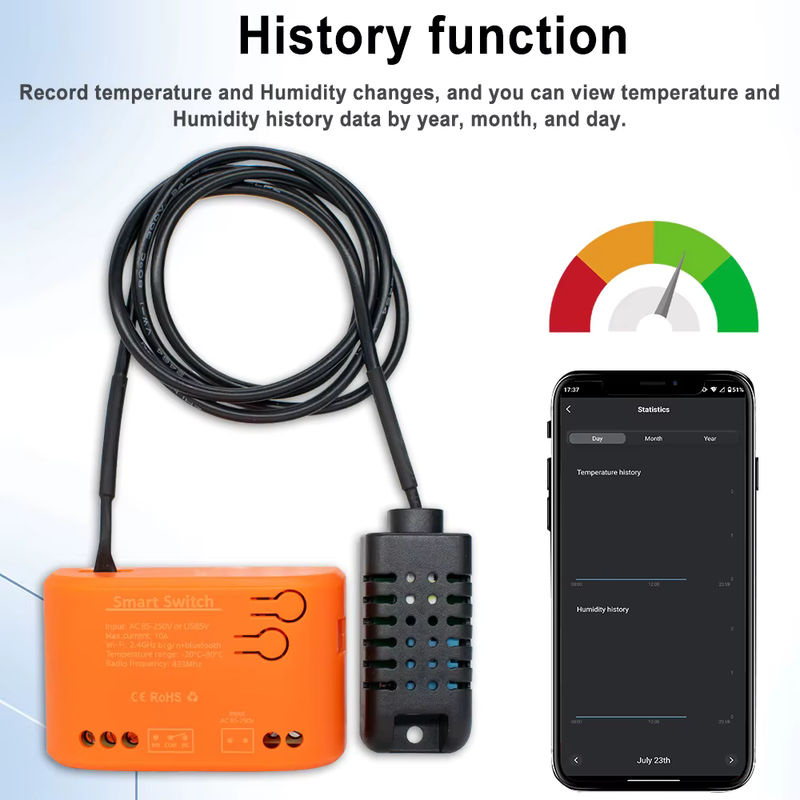 Tuya Smart WLAN Leistungsschalter mit Temperatur- und Feuchtigkeitssensor, Energieverbrauchsüberwachung und Trockenkontakt in Orange - Bild 3