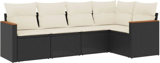vidaXL 5-tlg Garten-Sofagarnitur in L-Form aus Polyrattan und Akazienholz in Schwarz mit Kissen und Stauraum - Bild 1