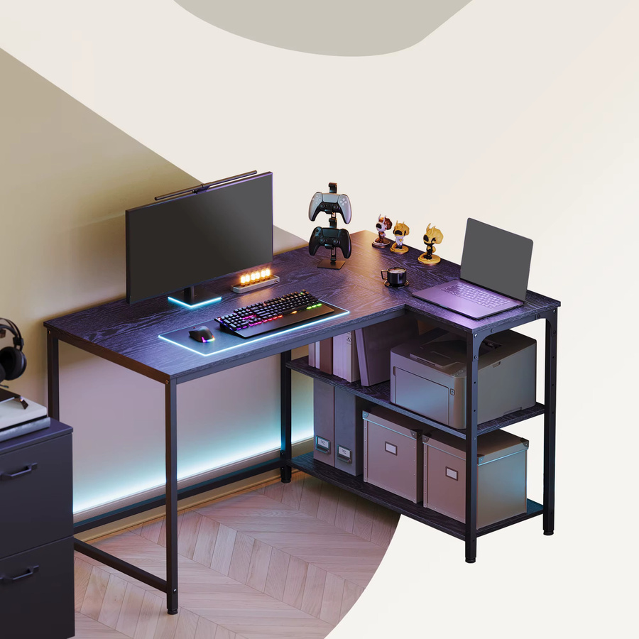 VASAGLE Eckschreibtisch in L-Form in Schwarz, moderner Computertisch mit Stauraum und höhenverstellbarer Ablage für dein Homeoffice - Bild 5