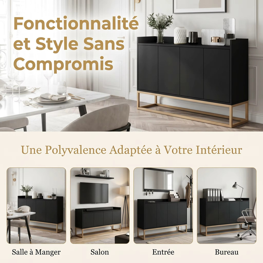 WoodenAura Niedriger Buffetschrank in Schwarz mit 4 Türen und Metallfüßen, moderner Küchenschrank mit verstellbaren Einlegeböden, B: 80 cm, T: 30 cm - Bild 3