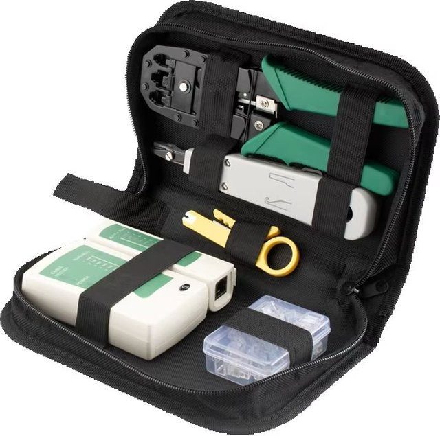 Netzwerk-Werkzeugset von Seven Floor in Grün mit Crimpzange für Cat5 RJ45 8P6P4P, Ethernet-Kabeltester, Einpresswerkzeug, Abisolierzange und Modularstecker inklusive Werkzeugtasche - Bild 1