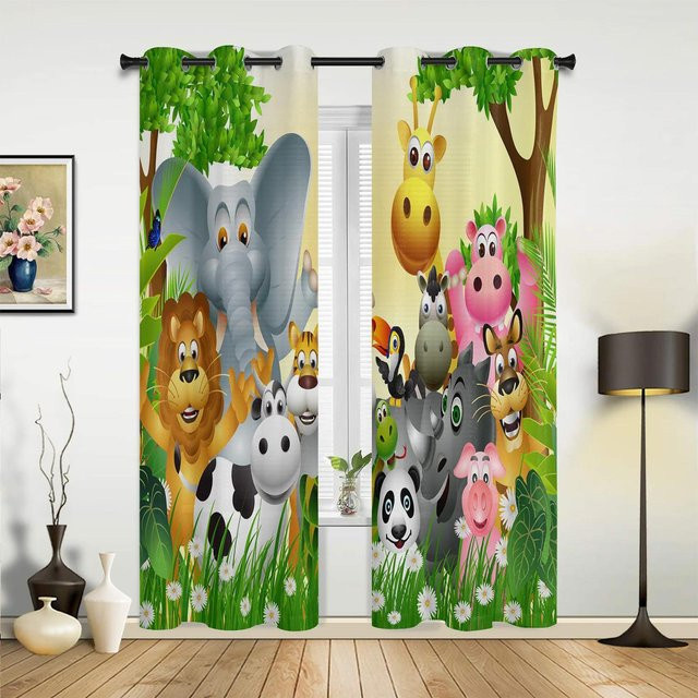 2er-Set dekorative Kinder Vorhänge mit Cartoon Zootieren Igel und Fuchs, mehrfarbig, Breite: 60 cm, Höhe: 100 cm - Bild 1