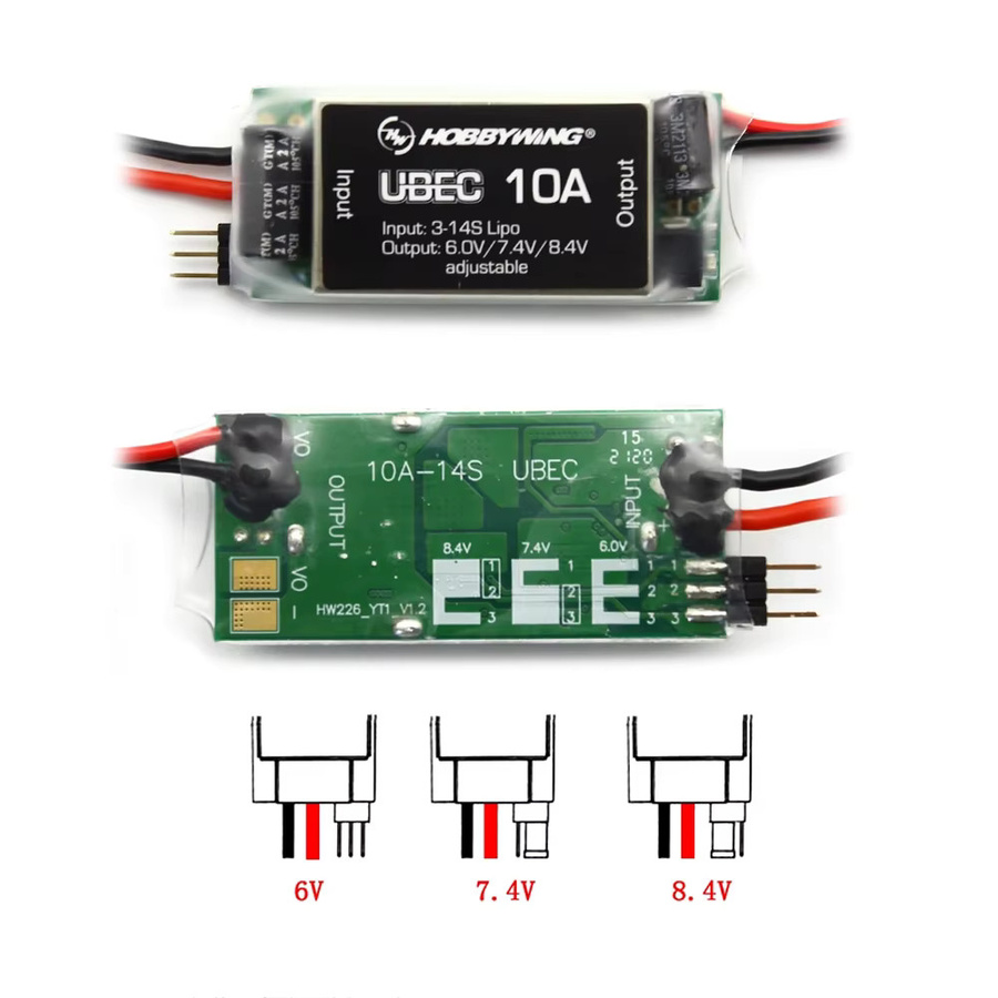 Hobbywing UBEC 10A Spannungsreglermodul Wasserdicht, Einstellbar 6/7,4/8,4V, 3-14S Hochspannung BEC für RC-Modelle, Schwarz - Bild 2