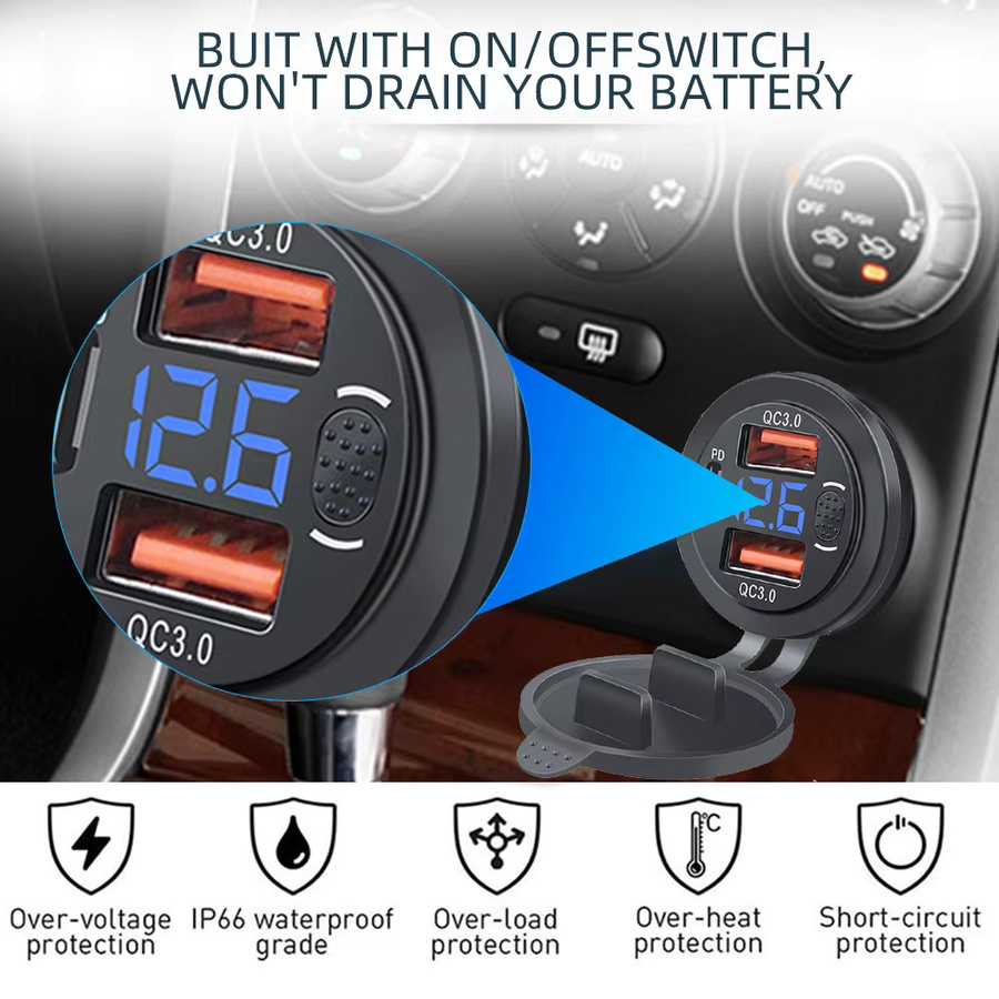 KEBETEME Autoladegerät-Buchse mit PD3.0 und QC3.0 Schnellladung, doppelte USB-C-Anschlüsse, wasserdicht, 78 W, Aluminium, Schwarz, für 12 V/24 V Boote und Motorräder - Bild 5