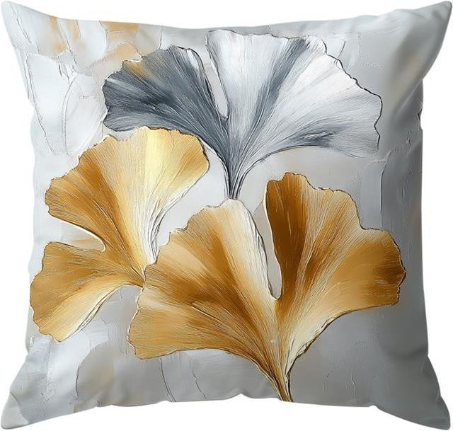 Dekokissenbezug mit abstraktem Blumen- und Ginkgoblätter-Motiv in Ölmalerei-Optik, Peach Skin, B/H: 18 x 18 cm - Bild 1