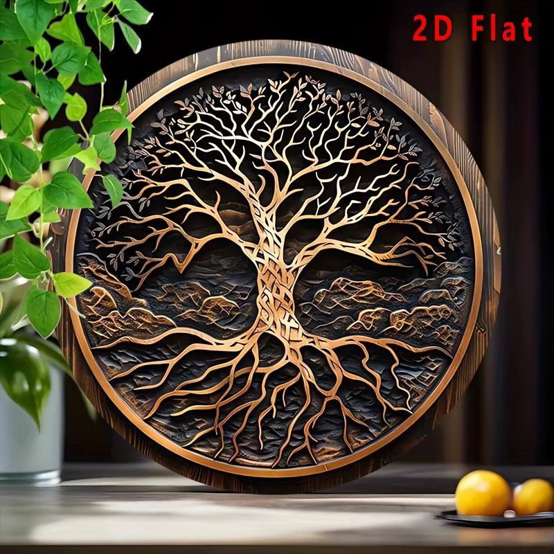 Potdemiel Vintage Baum des Lebens Wandkunst aus Aluminium-Metall, runde Outdoor-Hängedekoration mit floralem Design, Durchmesser: 20,32 cm - Bild 2