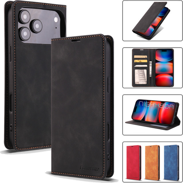 Magnetische Flip-Ledertasche für iPhone 11 bis iPhone 17 Air mit Kartenfach in Schwarz - Bild 1