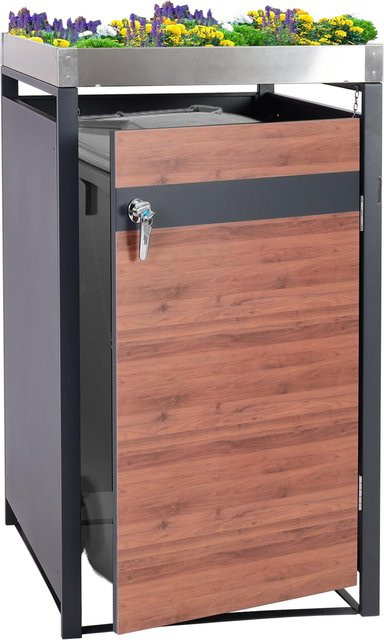 Mülltonnenverkleidung mit Pflanzkasten MCW-J82 von MCW in Anthrazit und Kirsche-Holzoptik Dunkelbraun, erweiterbar, B/T/H: 125 x 68 x 80 cm - Bild 1