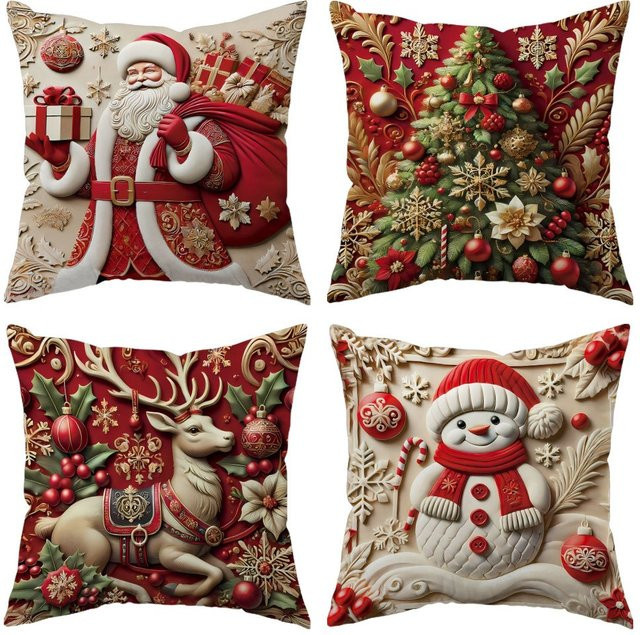 DUTRIEUX 4er-Set Weihnachtskissenbezüge mit Motivdruck Weihnachtsmann, Rentier, Schneemann und Baum, mehrfarbig, B/T/H: 45 x 45 x 0 cm - Bild 1