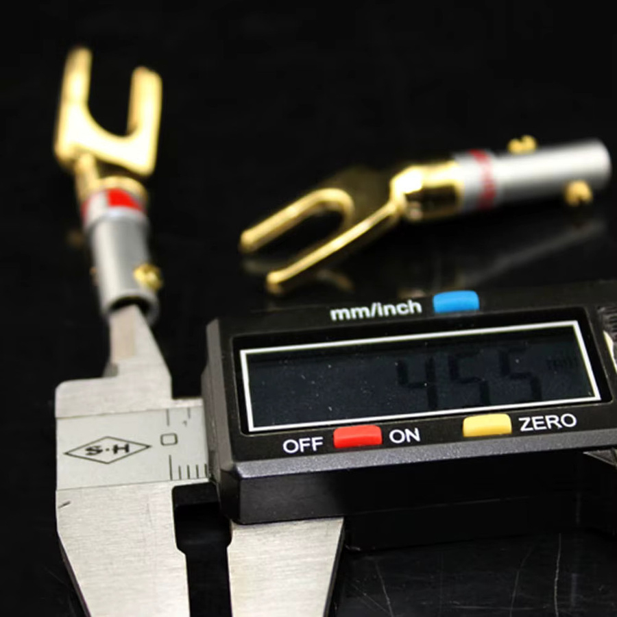 4 Stück vergoldete Audio-Lautsprecherstecker in Y- und U-Form als Kabelverbinder mit Schraubverschluss, Farben: Rot und Gold - Bild 4