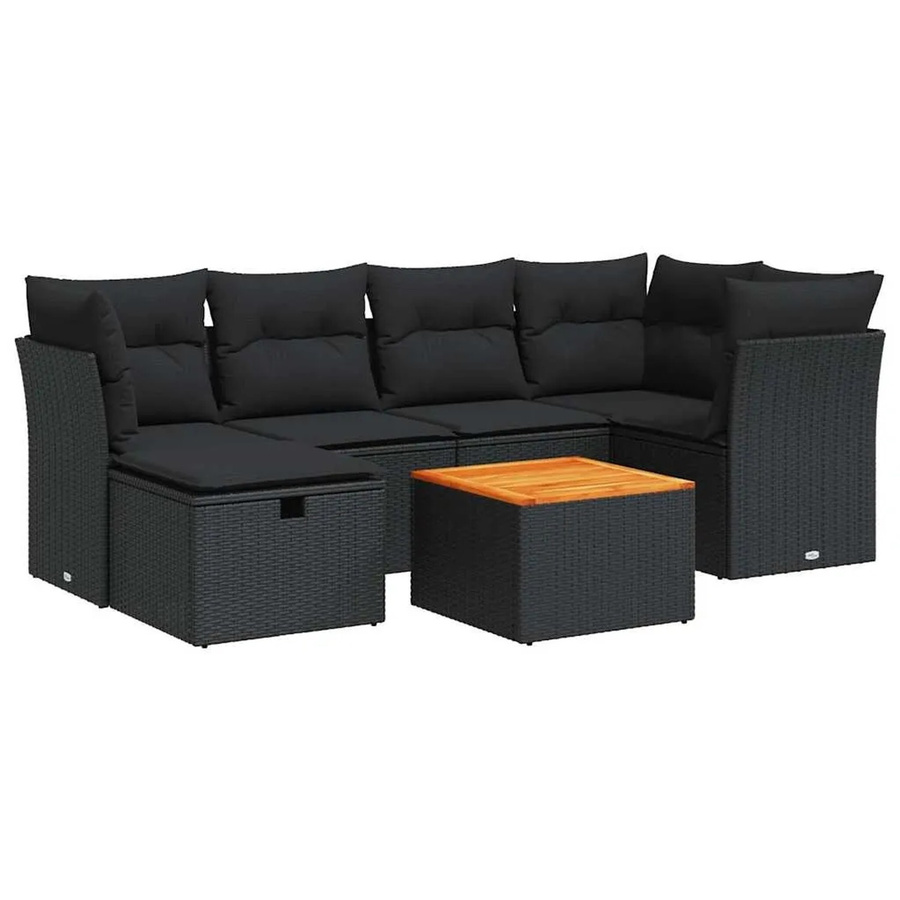 vidaXL 7-tlg. Garten-Sofagarnitur in L-Form aus Polyrattan und Akazienholz mit Kissen, Schwarz - Bild 2