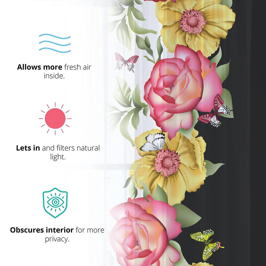Transparenter Voile-Vorhang mit floralem Rosenmuster und Schmetterlingen in Gelb und Grün, Breite: 100 cm, Höhe: 250 cm - Bild 2