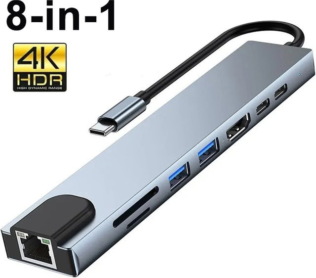8-in-1 USB-C-Hub 3.0 Typ-C-Splitter als 4K-Dockingstation mit HDMI, RJ45 Ethernet, SD und TF Slot für MacBook Air M1 und iPad Pro, Farbe: Silber - Bild 1
