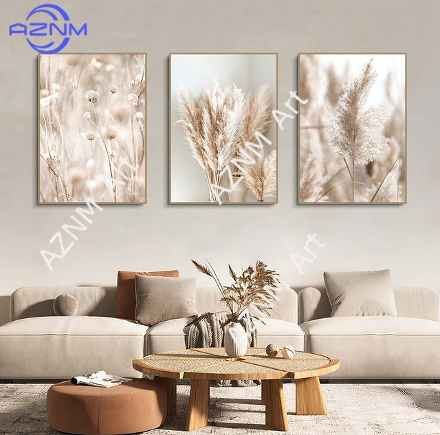 3-teiliges Set AZNM Leinwandbilder Weiße Seelandschaft mit Nordischen Meeres- und Strandmotiven, Pampasgras und Botanischen Blättern in Weiß und Beige zur Wanddekoration - Bild 1