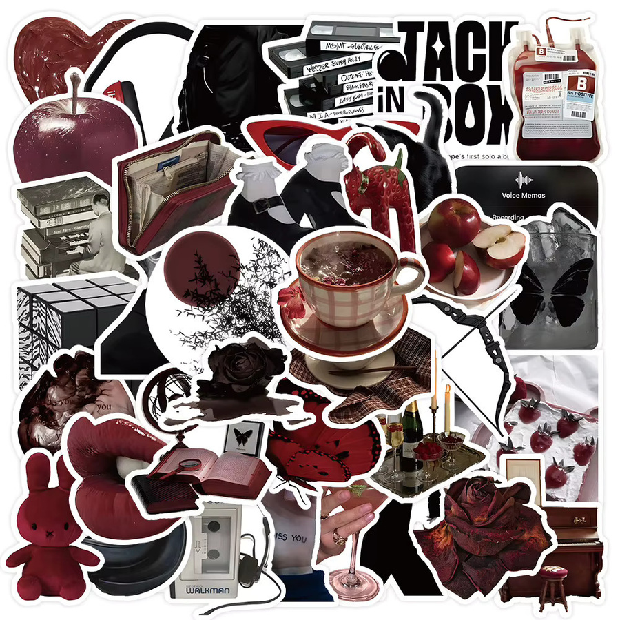 50 Stück dekorative Aufkleber in Rot und Schwarz von BulingBulingStickers Store für Tagebücher, Handyhüllen und Laptops - Bild 2