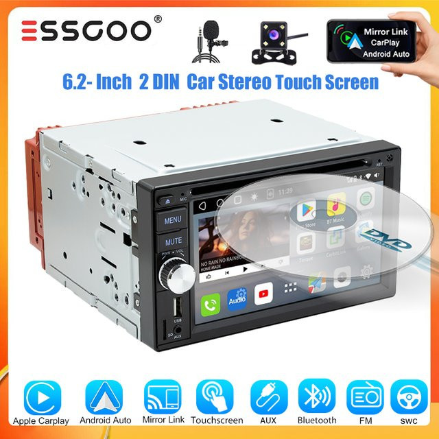 ESSGOO Autoradio mit 6.2 Zoll 2 DIN Touchscreen, Apple CarPlay, Android Auto, Bluetooth, CD/DVD, USB und FM/RDS in Schwarz - Bild 1