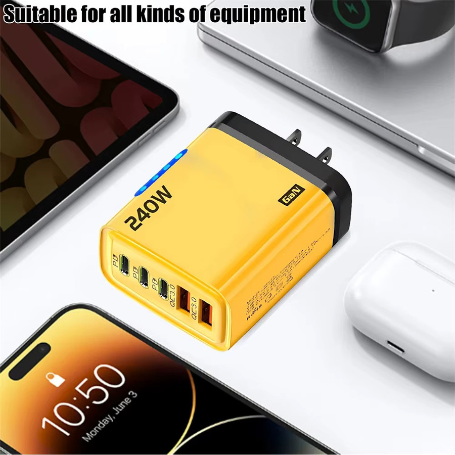 WALKESEN GaN Desktop-Ladegerät mit 240W, 2 USB-A und 3 USB-C Anschlüssen, Quick Charge 3.0 Adapter mit LED-Licht, Schwarz - Bild 5