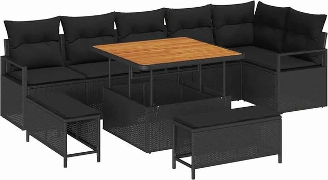 vidaXL Garten-Sofa-Set in L-Form mit 9 Teilen, Schwarz, inklusive Kissen und Stauraum für Terrasse und Garten - Bild 1