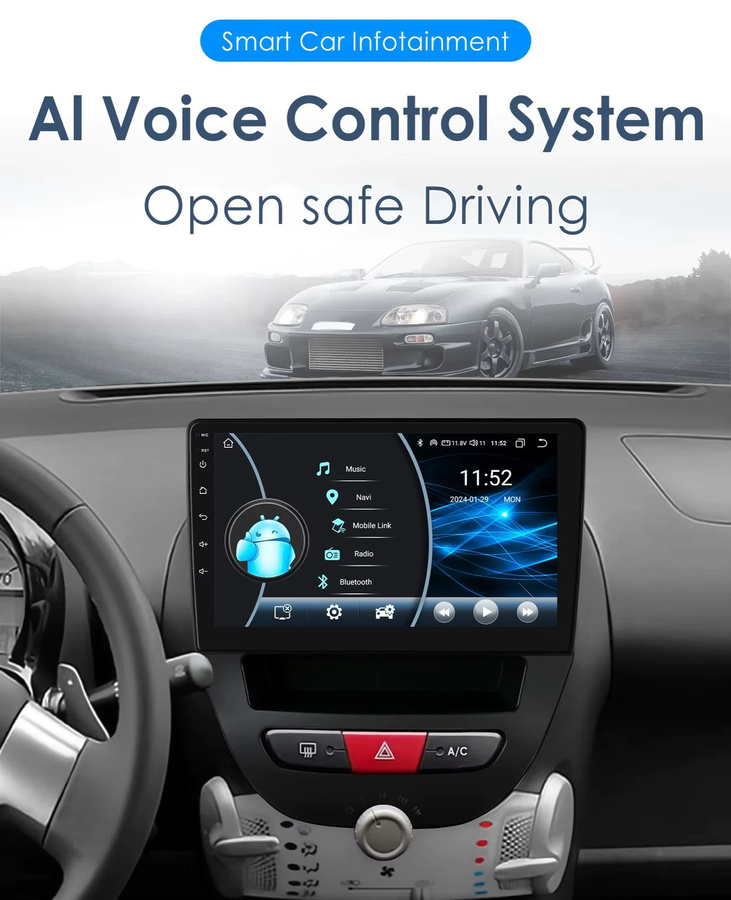 OSSURET Android Auto und CarPlay Multimedia Radio mit GPS, 4G und WIFI für Citroen C1, Peugeot 107 und Toyota Aygo, Schwarz, 2 DIN - Bild 2