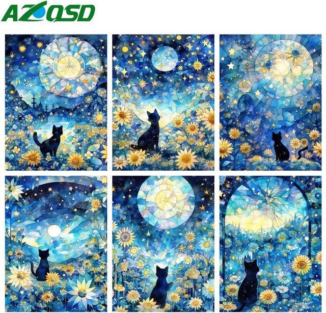 AZQSD Diamant-Malerei-Set Katze und Sonnenblume mit Mond, 5D-DIY Mosaik-Bild in Mehrfarbig, B/H: 30 x 40 cm - Bild 1