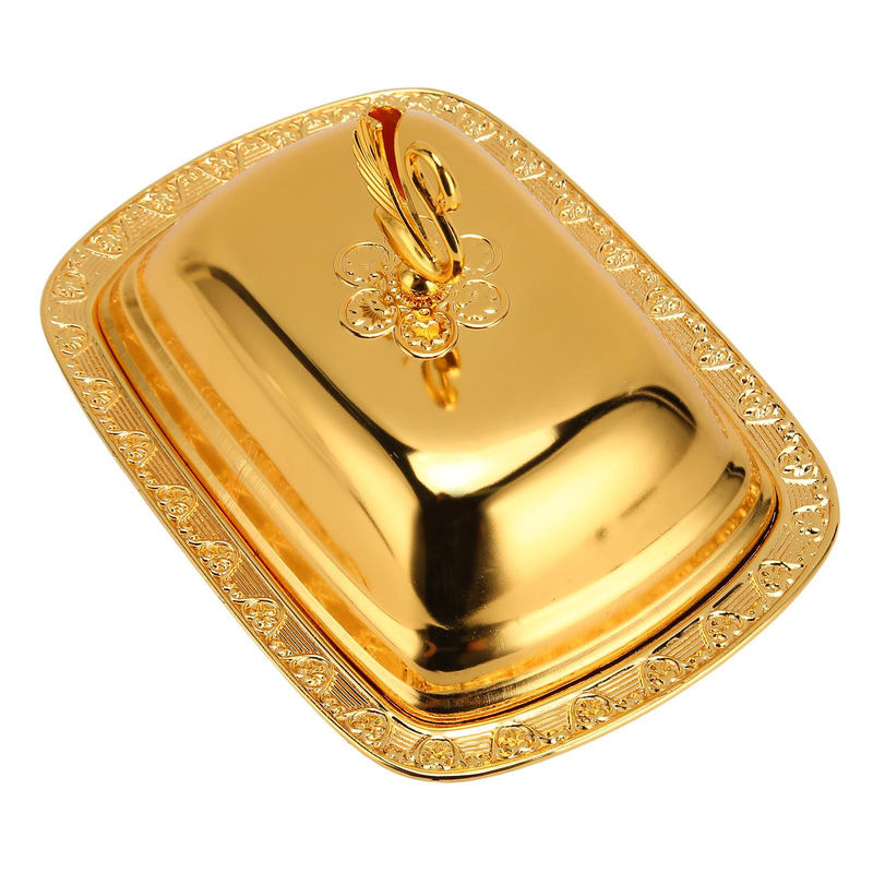 Goldfarbenes Obsttablett im europäischen Stil aus Metall mit Deckel und Stickstruktur in Goldgelb - Bild 2