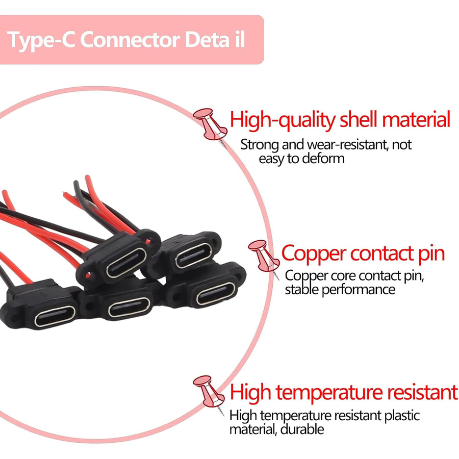 5 Stück USB-C Buchsenstecker, 2-polig, wasserdicht, 3A Ladeanschluss, Schwarz - Bild 2