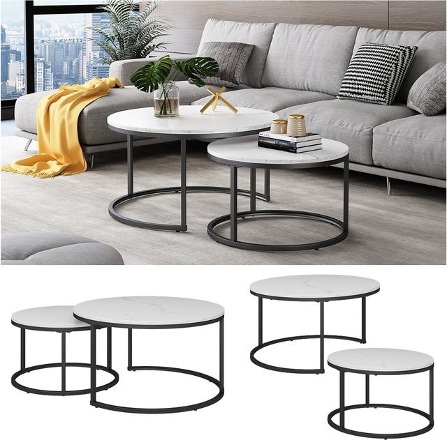 Vicco Couchtisch Montreal 2er-Set in Weiß mit Marmor-Optik, B: 77 cm, T: 40 cm - Bild 1