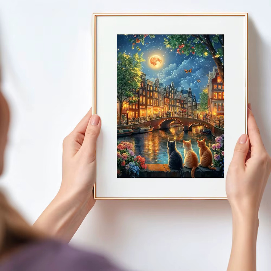 Huacan 5D-Diamantgemälde Set mit Katze, Fluss und Mond als Landschafts-Mosaik zur Wanddekoration in Multicolour, Breite: 30,0 cm, Höhe: 30,0 cm, Tiefe: 20,0 cm - Bild 3
