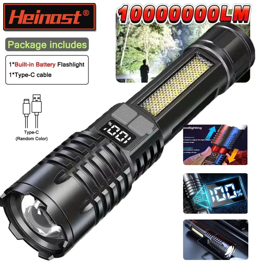 Heinast Hochleistungs-LED-COB-Taschenlampe in Schwarz mit Seitenlicht und wiederaufladbarem Akku via Type-C - Bild 2