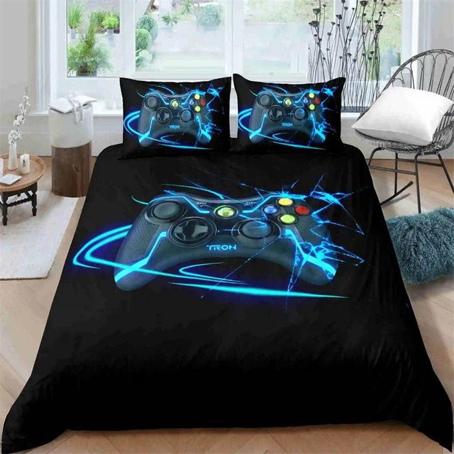 Binchi Fitness Gamer Bettwäsche-Set mit Gamepad-Design, Schwarz, 2-teilig bestehend aus Bettbezug und Kissenbezug, B/H: 70 x 133 cm - Bild 1