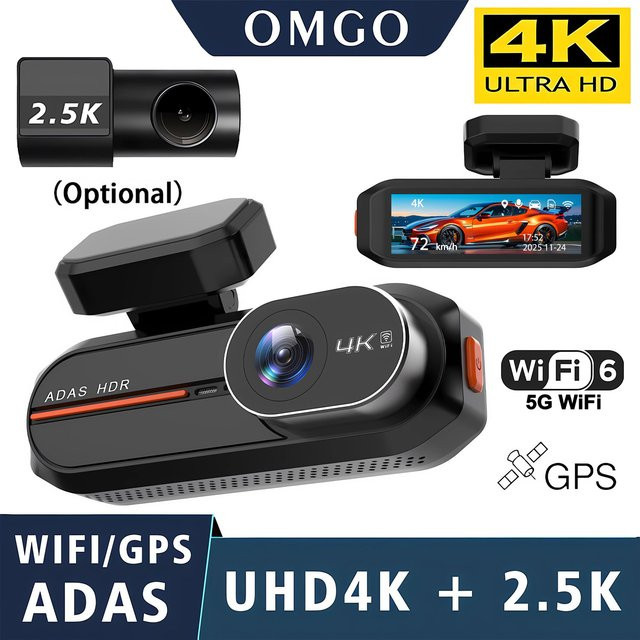 OMGO ADAS Dashcam mit 4K+2.5K Auflösung, GPS und 5G WiFi, 24-Stunden-Nachtsicht, Mini-Dual-Objektiv Auto-DVR Videorekorder als Black Box für Fahrzeuge, Schwarz - Bild 1