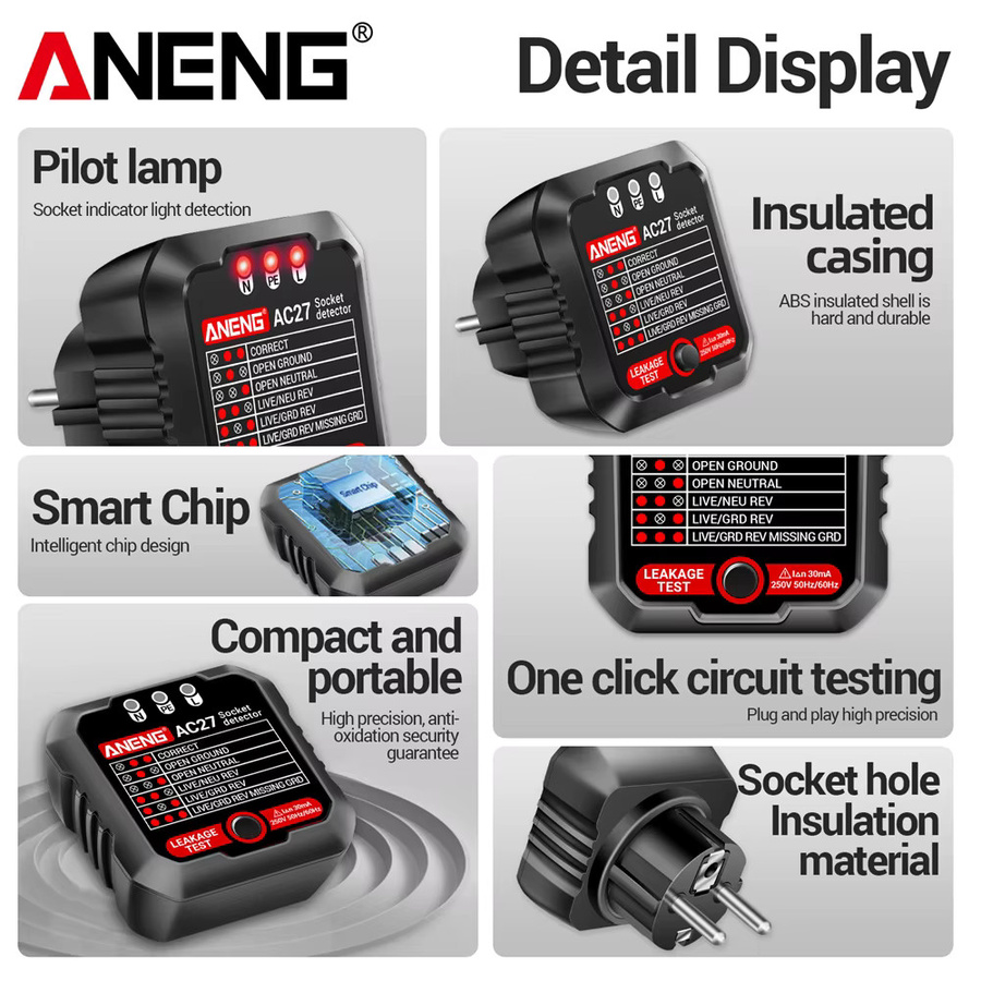 ANENG AC27 Intelligenter Spannungs-Steckdosentester für Erdungs-, Null-, Polaritäts- und Phasenprüfung mit EU/US-Stecker - Bild 3