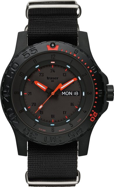 Traser Herrenuhr, Quarz, Edelstahl, 45 mm, Textil/NATO, Schwarz, 20 ATM - Bild 1